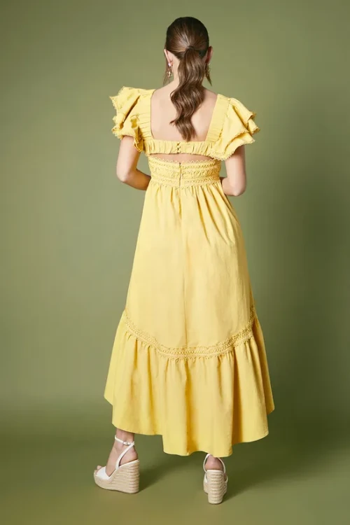 Customized High Quality Square Ruffle Tight Waist Solid Color Short Sleeve Casual Dress