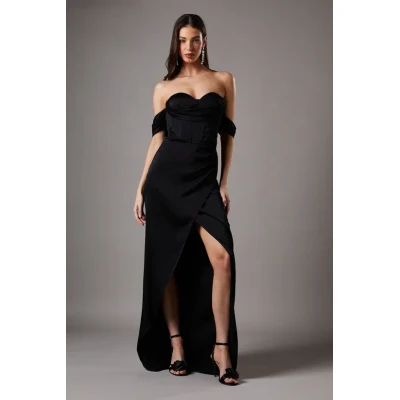 Sexy Off Shoulder Slim High Waist Solid Color Backless Woman's Long Evening Dress