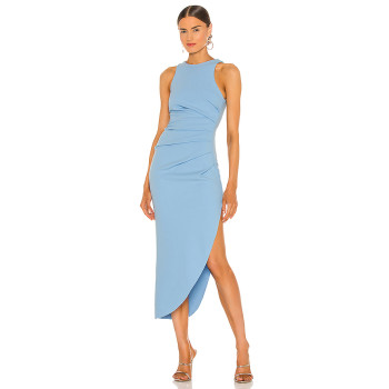 Hot Sale Fashion Stand Collar Sleeveless Pleated Split Light Blue Bodycon Women Dress