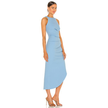 Hot Sale Fashion Stand Collar Sleeveless Pleated Split Light Blue Bodycon Women Dress