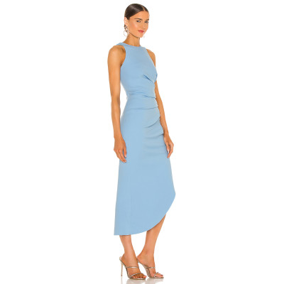 Hot Sale Fashion Stand Collar Sleeveless Pleated Split Light Blue Bodycon Women Dress