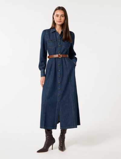 2025 Hot sale Elegant High quality Denim Classic Vintage Waist Belt Woman's Long Dress