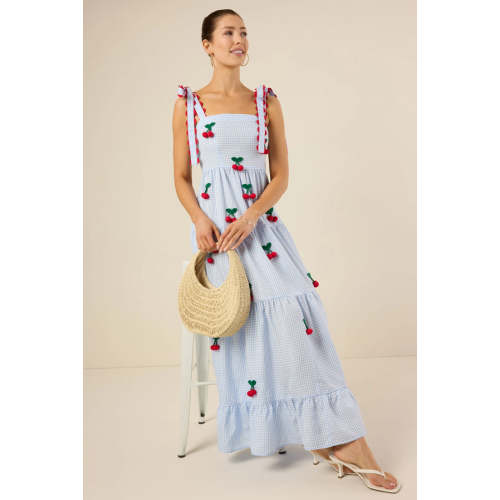 Women's Cute Square Neckline Gingham Print 3D Cherry A-line Silhouette Casual Dress