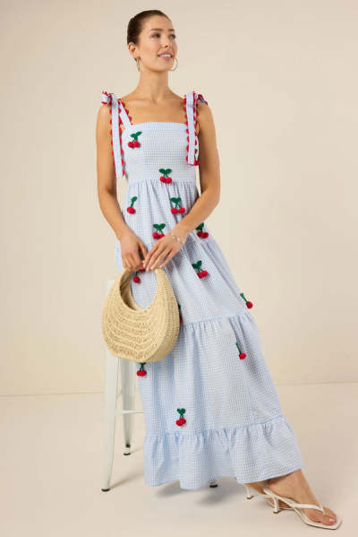 Women's Cute Square Neckline Gingham Print 3D Cherry A-line Silhouette Casual Dress