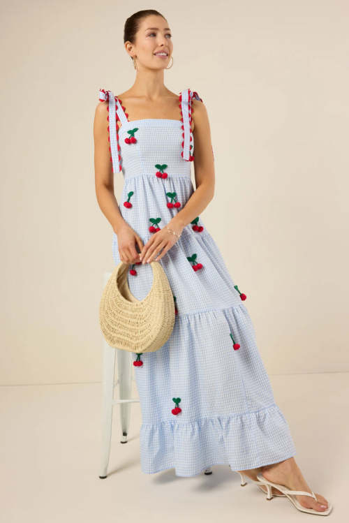 Women's Cute Square Neckline Gingham Print 3D Cherry A-line Silhouette Casual Dress