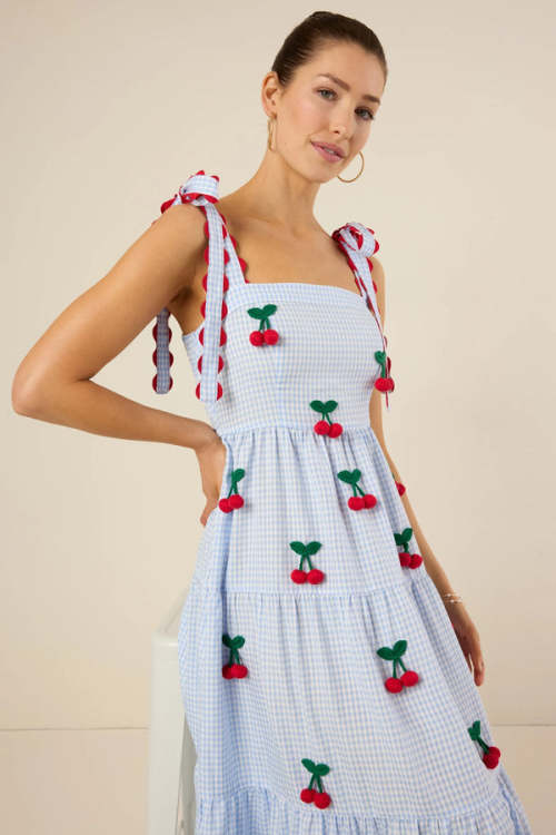 Women's Cute Square Neckline Gingham Print 3D Cherry A-line Silhouette Casual Dress