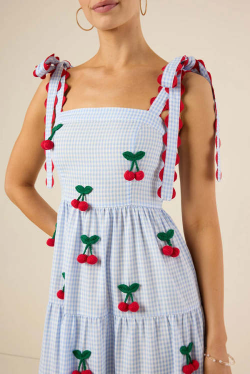 Women's Cute Square Neckline Gingham Print 3D Cherry A-line Silhouette Casual Dress