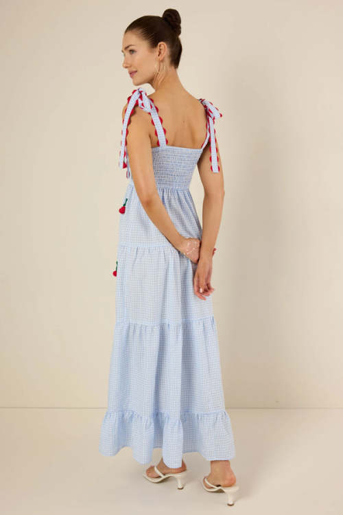 Women's Cute Square Neckline Gingham Print 3D Cherry A-line Silhouette Casual Dress
