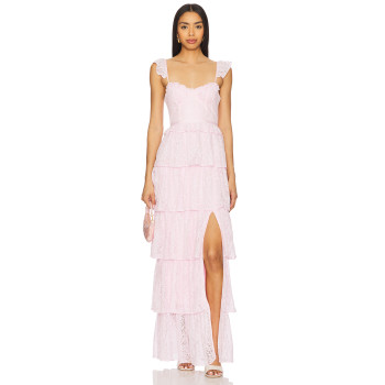 Elegant Sleeveless Backless Sling Dress Lace Trim Tiered Lace Fabric Side Seam Split Women's Dress