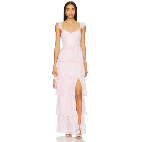 Elegant Sleeveless Backless Sling Dress Lace Trim Tiered Lace Fabric Side Seam Split Women's Dress
