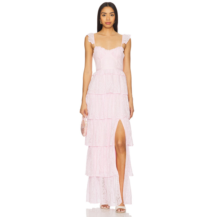 Elegant Sleeveless Backless Sling Dress Lace Trim Tiered Lace Fabric Side Seam Split Women's Dress