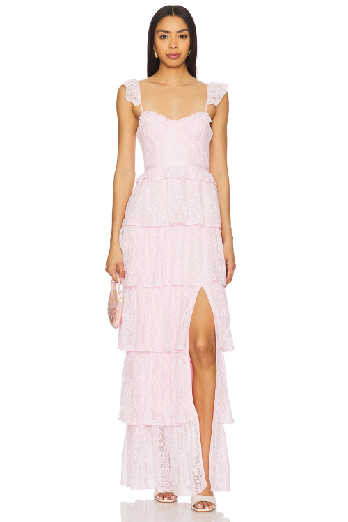 Elegant Sleeveless Backless Sling Dress Lace Trim Tiered Lace Fabric Side Seam Split Women's Dress