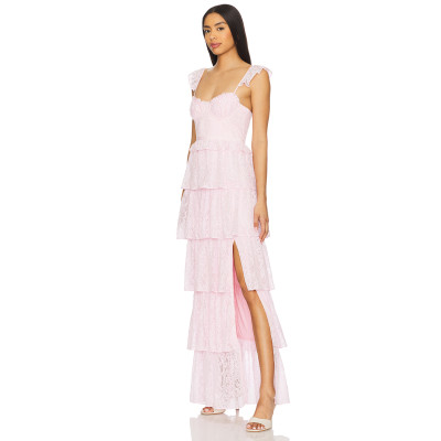 Elegant Sleeveless Backless Sling Dress Lace Trim Tiered Lace Fabric Side Seam Split Women's Dress