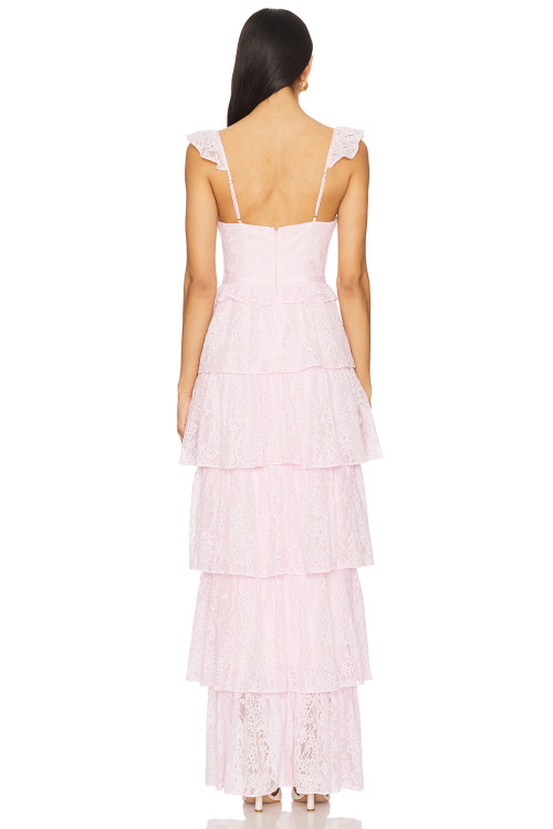 Elegant Sleeveless Backless Sling Dress Lace Trim Tiered Lace Fabric Side Seam Split Women's Dress