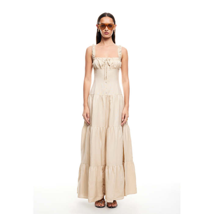 Sexy Sleeveless Square Neckline Slim High Tight Waist Flared Tiered Hem Casual Dress