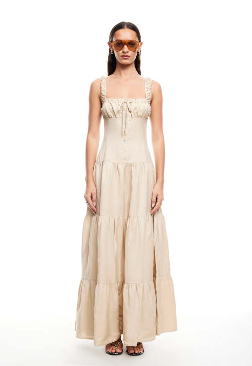 Sexy Sleeveless Square Neckline Slim High Tight Waist Flared Tiered Hem Casual Dress