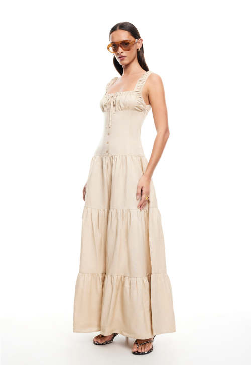 Sexy Sleeveless Square Neckline Slim High Tight Waist Flared Tiered Hem Casual Dress