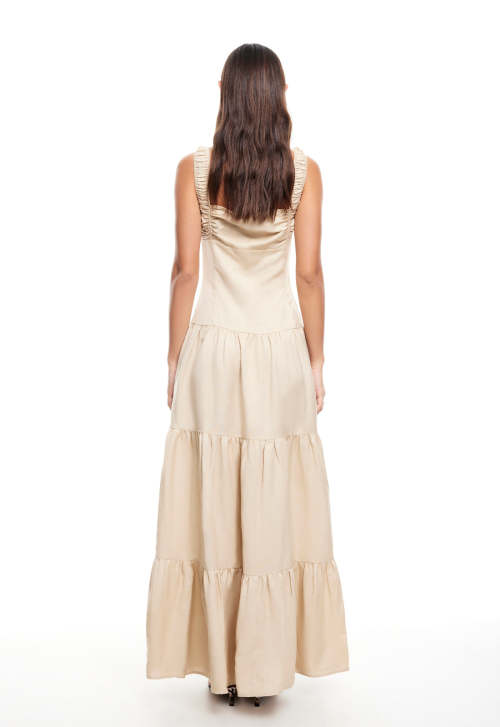 Sexy Sleeveless Square Neckline Slim High Tight Waist Flared Tiered Hem Casual Dress