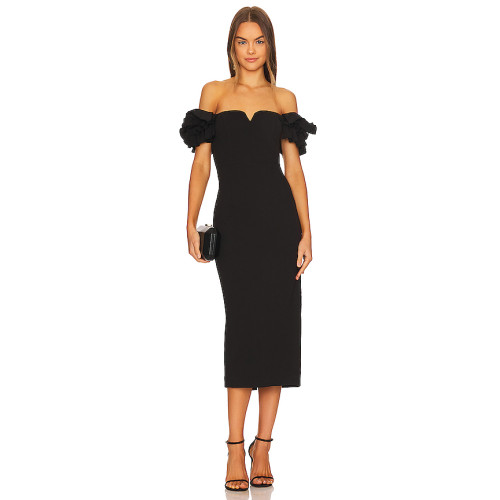 Elegant Ruffled Off the Shoulder V Wire Medium Weight Pique Back Slit Women's Dress