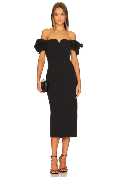 Elegant Ruffled Off the Shoulder V Wire Medium Weight Pique Back Slit Women's Dress