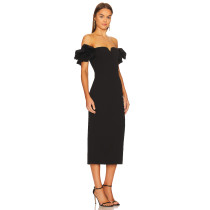 Elegant Ruffled Off the Shoulder V Wire Medium Weight Pique Back Slit Women's Dress