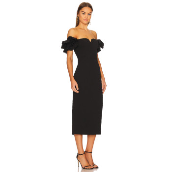 Elegant Ruffled Off the Shoulder V Wire Medium Weight Pique Back Slit Women's Dress