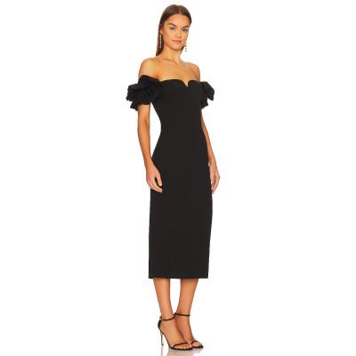 Elegant Ruffled Off the Shoulder V Wire Medium Weight Pique Back Slit Women's Dress