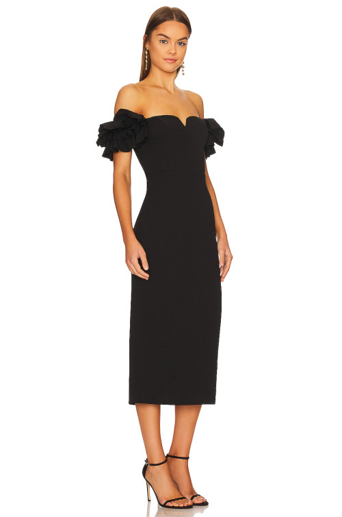 Elegant Ruffled Off the Shoulder V Wire Medium Weight Pique Back Slit Women's Dress