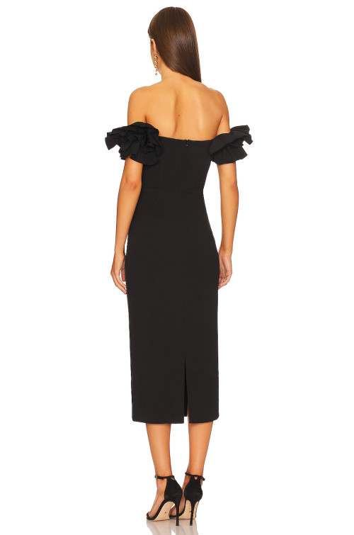 Elegant Ruffled Off the Shoulder V Wire Medium Weight Pique Back Slit Women's Dress
