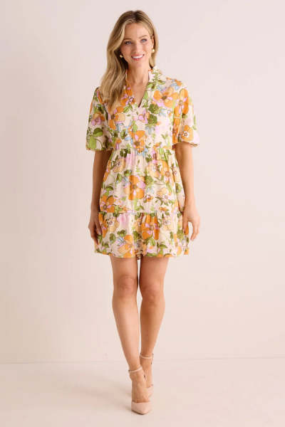 Female Casual V-Neck Puff Sleeve High Tight Waist Floral Print Tiered Skirt Casual Dress