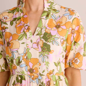 Female Casual V-Neck Puff Sleeve High Tight Waist Floral Print Tiered Skirt Casual Dress