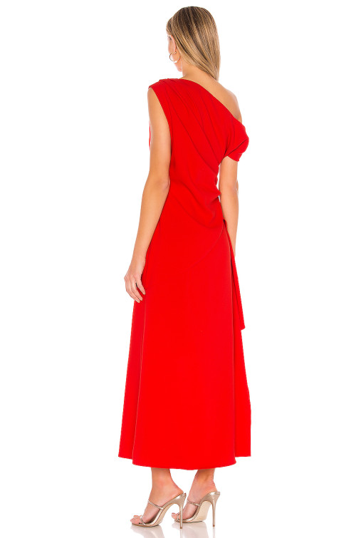 Hot Sale Red One Shoulder Neckline Drape Asymmetric Ruffled Slit Ladies' Midi Dress