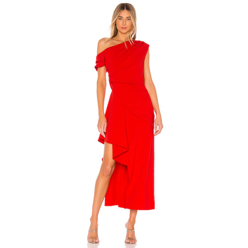 Hot Sale Red One Shoulder Neckline Drape Asymmetric Ruffled Slit Ladies' Midi Dress