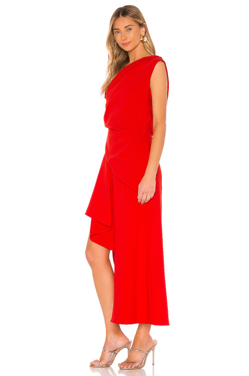Hot Sale Red One Shoulder Neckline Drape Asymmetric Ruffled Slit Ladies' Midi Dress