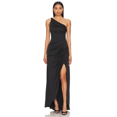 Elegant Women' One Shoulder Slim Ruffle Tight Waist High Slit  Solid Color Evening Dress