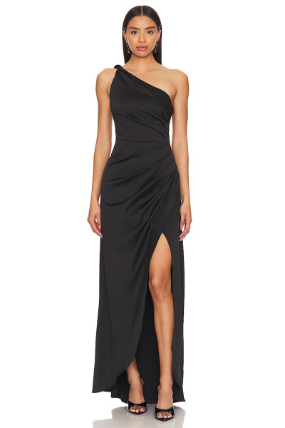Elegant Women' One Shoulder Slim Ruffle Tight Waist High Slit  Solid Color Evening Dress