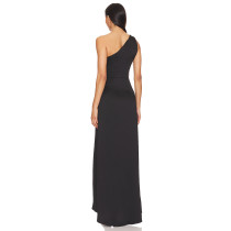 Elegant Women' One Shoulder Slim Ruffle Tight Waist High Slit  Solid Color Evening Dress