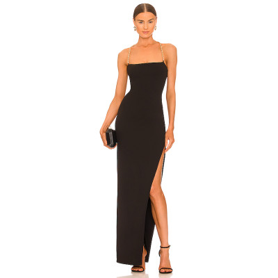 Best Selling Elegant Black Golden Chain Open Back Side Slits Long Women's Dress