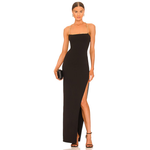 Best Selling Elegant Black Golden Chain Open Back Side Slits Long Women's Dress