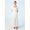 Elegant Square Puff Short Sleeve Open Back Ruffle Tight Waist Solid Color Casual Dress