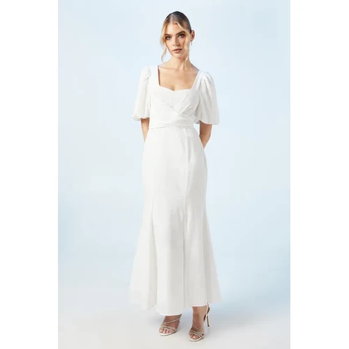 Elegant Square Puff Short Sleeve Open Back Ruffle Tight Waist Solid Color Casual Dress