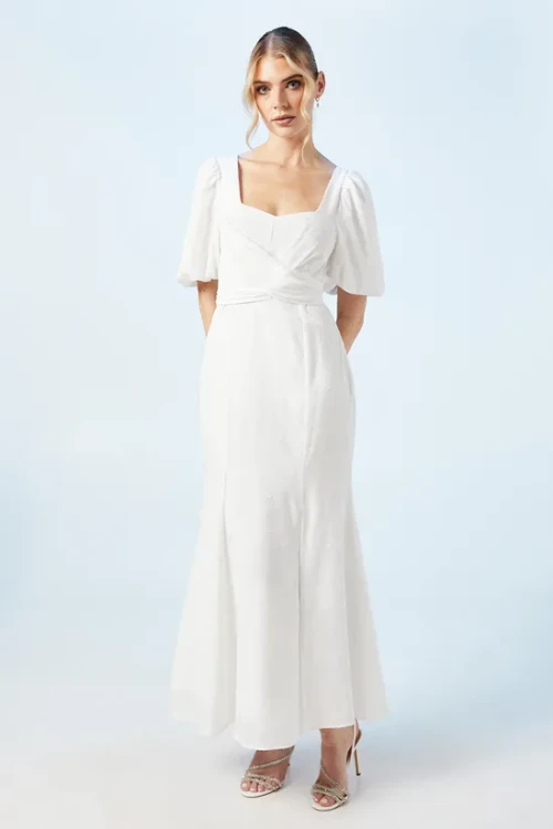 Elegant Square Puff Short Sleeve Open Back Ruffle Tight Waist Solid Color Casual Dress