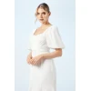 Elegant Square Puff Short Sleeve Open Back Ruffle Tight Waist Solid Color Casual Dress