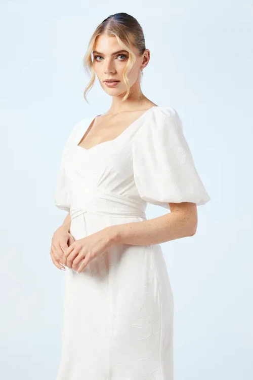 Elegant Square Puff Short Sleeve Open Back Ruffle Tight Waist Solid Color Casual Dress