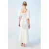 Elegant Square Puff Short Sleeve Open Back Ruffle Tight Waist Solid Color Casual Dress