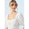 Elegant Square Puff Short Sleeve Open Back Ruffle Tight Waist Solid Color Casual Dress