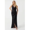 Elegant Sexy V-Neck Open Back Slim Ruffle Tight Waist Slit Solid Color Evening Dress