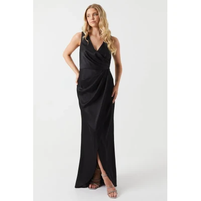 Elegant Sexy V-Neck Open Back Slim Ruffle Tight Waist Slit Solid Color Evening Dress