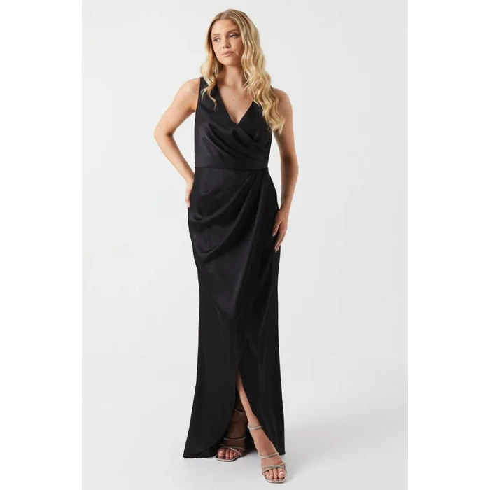 Elegant Sexy V-Neck Open Back Slim Ruffle Tight Waist Slit Solid Color Evening Dress