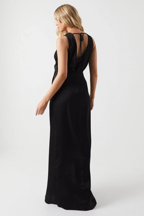 Elegant Sexy V-Neck Open Back Slim Ruffle Tight Waist Slit Solid Color Evening Dress